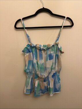 Blu Pepper Watercolor Print Ruffle Sheer Peplum Cami Blue Green Sz M Summer